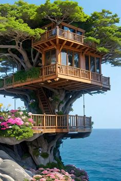 a tree house built into the side of a cliff with flowers growing out of it