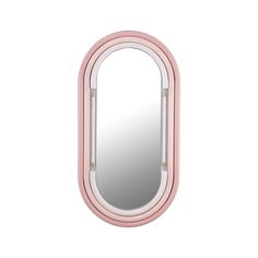 an oval mirror with a pink frame