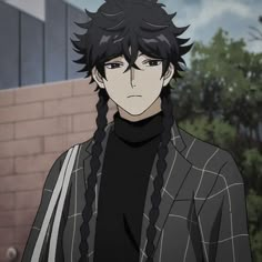 an anime character with black hair and braids standing in front of a brick wall