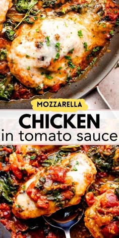 chicken in tomato sauce with spinach and cheese on the side, served in a skillet