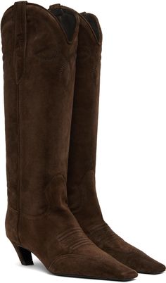 Calf-high calfskin suede boots in brown. Embroidered detailing throughout. · Square toe · Pull-loops at collar · Grained leather lining · Covered kitten heel with rubber injection · Leather sole · Heel: H2 in Supplier color: Coffee Suede Cowboy Boots, Maternity Outfits, Square Toe Boots, Color Coffee, Brown Ankle Boots, Kitten Heel, Suede Boots, Brown Suede, Western Boots