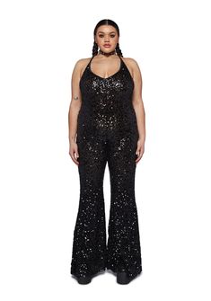 base Sequin Backless Jumpsuits And Rompers For Party Season, Sequin Backless Jumpsuits And Rompers For Night Out, Sleeveless Disco Jumpsuit For Night Out, Black Stretch Sequined Jumpsuits And Rompers, Black Stretch Jumpsuits And Rompers With Sequins, Plus Size Club, Plus Size Rave, Plus Size Kawaii, Mesh Jumpsuit