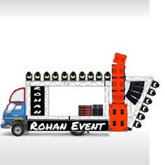 an event truck with lights and sound equipment on the back is parked in front of a white background