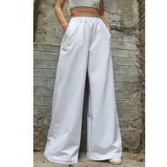 "Casual comfortable long trousers 🤩 Extravagant designs and high quality fabrics. The item from the pictures is size S For more information feel free to ask questions. Material &Care Cotton and elastane Machine wash 30oC Hand wash at low temperatures Do not machine dry Medium hot iron Sizing We make sizes from xs to 5xl as well as customized measures.So don't hesitate to contact us and make one for you. 🛫🎁Shipping🎁 🛬 STANDARD SHIPPING Europe : 6-8 business days USA&Canada : 8-10 bus White Trouser Pants, Long Pants Casual, White Trousers, Classic Pants, Elastic Belt, High Waist Pants, Cotton Trousers, Long Trousers, Hot Iron