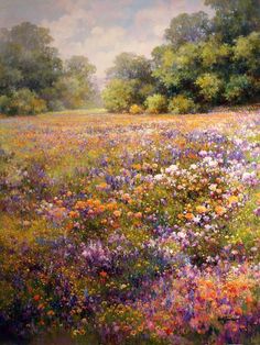 an oil painting of a field full of wildflowers with trees in the background