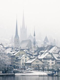 snow covers the roofs of buildings and spires on a lake in front of a city