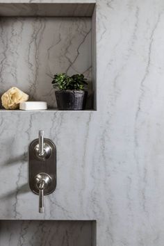 a bathroom with white marble walls and shelves holding plants, soap dispenser and potted plant