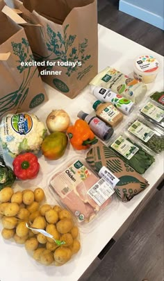 an assortment of food on a table with the words, excited for today's dinner