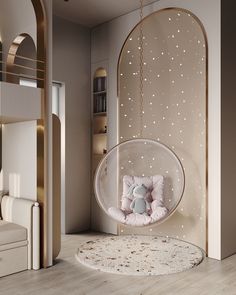 a child's room with a hanging chair and teddy bear