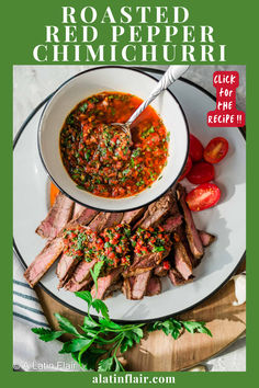 the recipe for roasted red pepper chimichurri is shown on a white plate