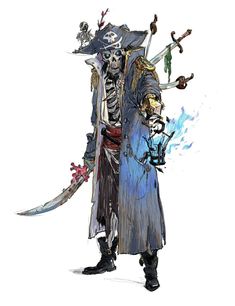 a drawing of a skeleton pirate holding two swords and a skull on his head, standing in front of a white background