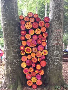 an art installation made out of tree trunks in the woods with colorful circles on them