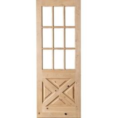 a wooden door with an open window on the top and bottom panel, in front of a white background