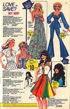 an old fashion catalog with women's clothing and accessories on it, including dresses