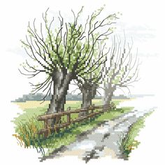 a cross - stitch pattern of a tree and a path in the grass, with water running through it