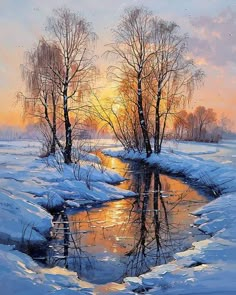 a painting of the sun setting over a snowy river