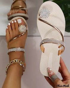 Color: gold, Size: US4.5 Casual Beach Sandals, Pretty Sandals, Toe Ring Sandals, Casual Rings, Glass Slippers, Rhinestone Flats, Outdoor Slippers, Rhinestone Sandals, Shoes Design