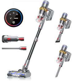 three different views of the same vacuum cleaner and its attachments are shown in this image