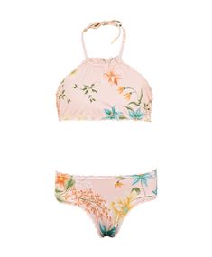 Our charming little girl's bikini in the beautiful Botanica floral print, is a perfect blend of style and comfort. This set features a high-neck top that ties gracefully at the back of the neck, paired with a classic scoop bottom. Both pieces are adorned with sweet ripple edges, adding a delicate and feminine touch to the design. Kids Swim, Animal Print Outfits, Bikini Style, Lace Outfit, High Neck Top, Kids Swimming, Dress Cover, Beach Days, Lettuce