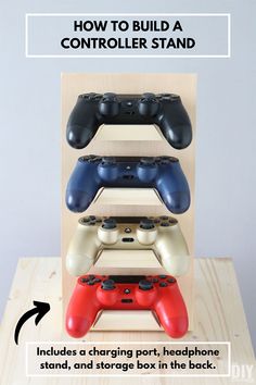 the instructions for how to build a controller stand with video game controllers on each side