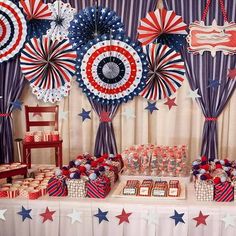 an american themed party with red, white and blue decorations