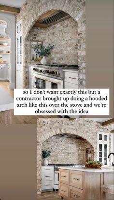 a kitchen with brick walls and white cabinets