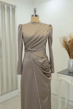 Elif Satin Hijab Evening Dress - Mink Hijab Prom Dress, Hijab Stile, Satin Hijab, Simple Bridesmaid Dresses, Dress Muslim