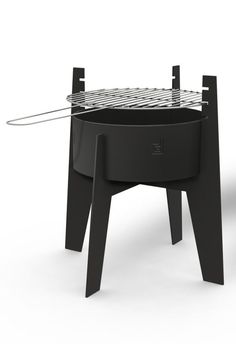 an outdoor bbq is shown with the lid open and grill on it's legs