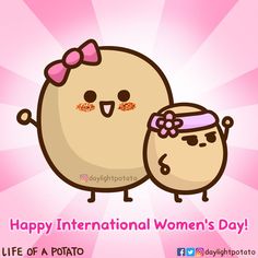 happy international women's day greeting card with two cartoon characters, one holding a potted potato