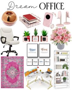 a collage of office items with the words dream office on it and pink flowers