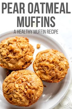 three oatmeal muffins on a white plate with text overlay