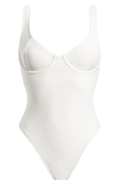 Underwire details bring support to this sunny one-piece swimsuit with textural ribbing and high legs. Pull-on style Adjustable straps Moderate back coverage 91% recycled polyester, 9% elastane Machine wash, dry flat Imported Ribbed Swimwear For Sunbathing In Summer, Chic Ribbed Swimwear For The Beach, Ribbed Swimwear For Summer Pool, Padded Sleeveless Swimwear For Summer, Chic Ribbed Bodysuit For The Beach, One-piece Ribbed Swimwear For Poolside, Ribbed One-piece Swimwear For Poolside, Ribbed One-piece Swimwear For Pool, Poolside Ribbed One-piece Bodysuit