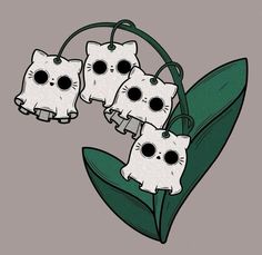 four little white kittens hanging from a green plant with eyes drawn on it's faces