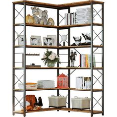 an open shelving unit with baskets and books