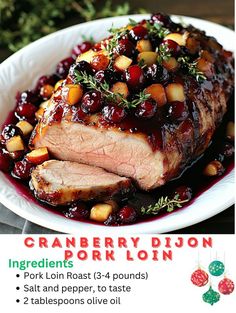 a flyer for cranberry bourbon pork loin with holiday decorations in the background