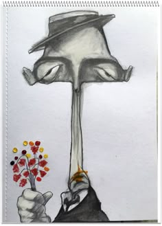 a drawing of a man holding a flower in his hand and dripping water from the top