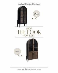 the front and back of an arch display cabinet, with text describing it's price