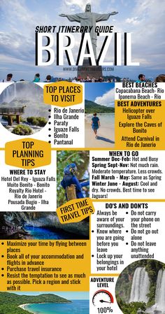 the travel guide for brazil is shown in this graphic style, and includes information about what to