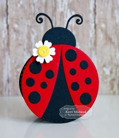 a red and black lady bug sitting on top of a table