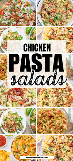 Chicken pasta salad photo collage with text overlay. Summer Pasta Salad With Chicken, Chicken Salad Recipe With Pasta, Cold Pasta With Chicken, Chicken Salad Chick Pasta Salad Recipe, Chicken Salad Pasta Recipe, Healthy Pasta Salad Lunch, Pasta Chicken Salad Recipes