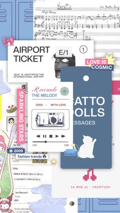 an assortment of travel stickers are shown in this collage, including the airport ticket