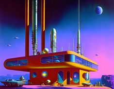 a painting of a futuristic space station in the middle of an alien land with planets around it