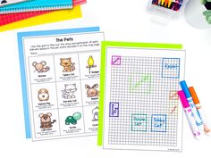 the pets worksheet is next to markers and crayons