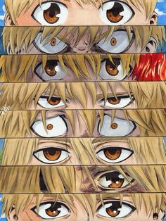 an image of anime eyes with different colors and shapes on them, all in the same row