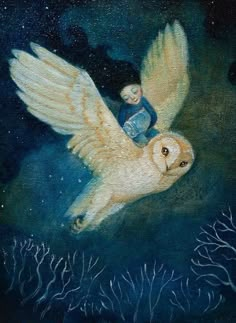 a painting of an owl with a boy on it's back flying through the air