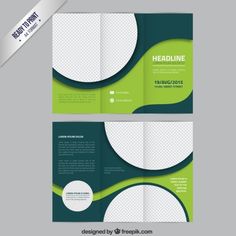 a green and white brochure with circles on the front, back and side