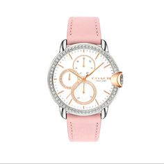 Refined And Modern, The Arden Watch From Coach Is A Minimalist, Go-With-Everything Style. This Stainless Steel Design Features A Light Pink Dial With Three Subdials Marking Seconds, Minutes And Hours. This Watch Is New With Tags And Comes With The Box And Instruction Manual. White Gold Watches With Leather Strap, Elegant Jewelry With Leather Strap And Round Dial, Classic Silver Leather Diamond Watch, Elegant Leather Diamond Watch With Subdials, Luxury Silver Watch With Leather Strap, Classic Silver Diamond Watch With Leather Strap, Luxury Silver Watches With Leather Strap, Silver Diamond Leather Watch For Formal Occasions, Luxury Adjustable White Gold Watches