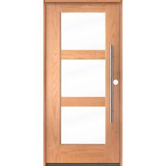 a wooden door with glass panels and a metal handle on the bottom half of it