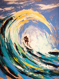 an abstract painting of a man surfing in the ocean