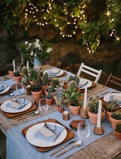 the table is set with plates, silverware and succulents in pots